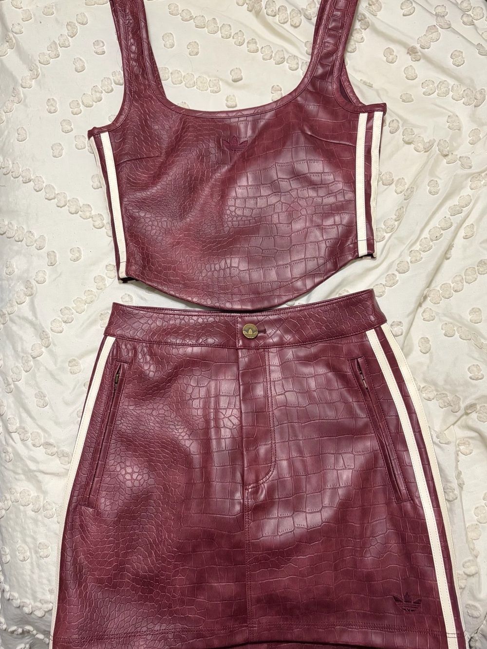 NWT Adidas Faux Croc Burgundy Two-Piece corset and Skirt Set with White Stripe